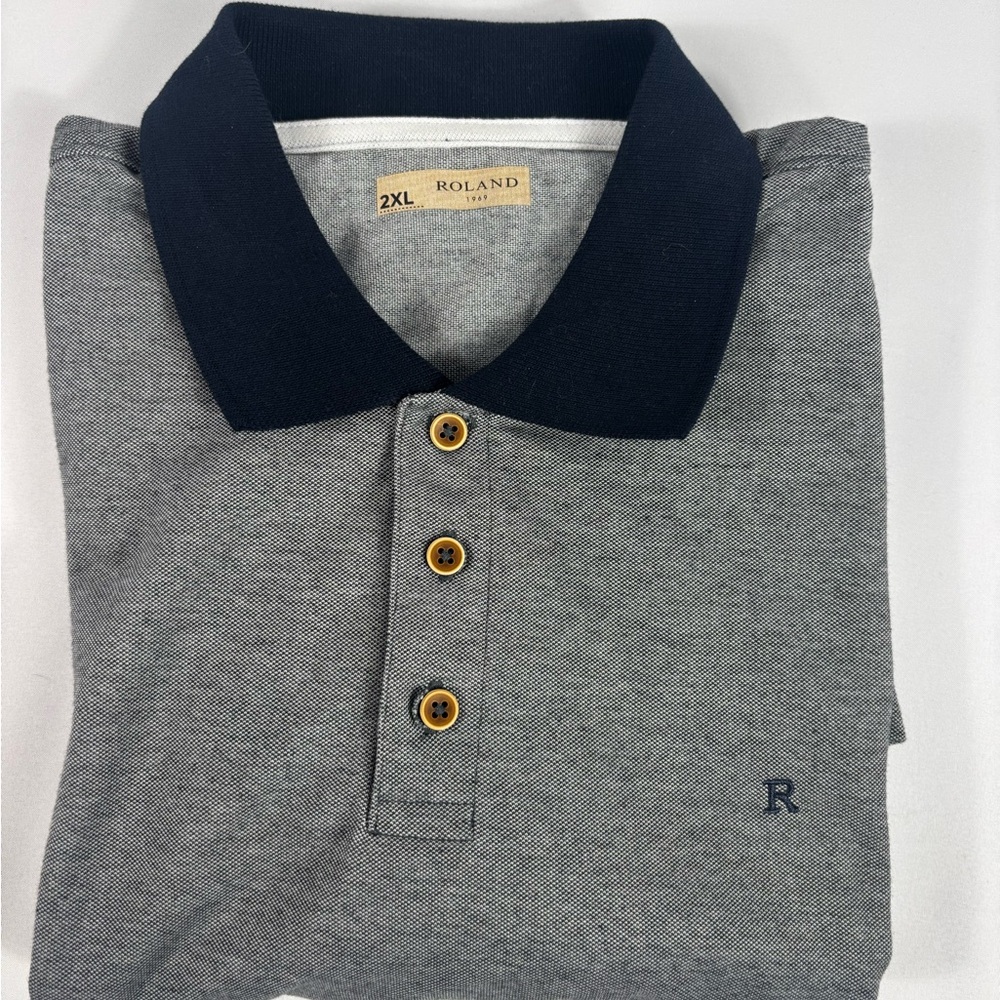Roland Grey Polo Shirt Navy Collar Contrast 3-Button Men's Size 2XL